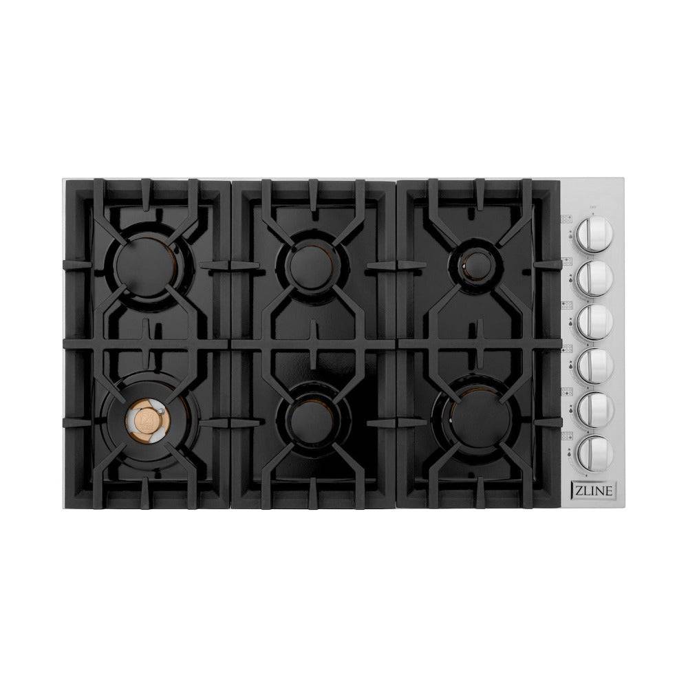 ZLINE 36" Gas Cooktop with 6 Gas Brass Burners and Black Porcelain Top (RC-BR-36-PBT) - KB&A The Home Improvement Store