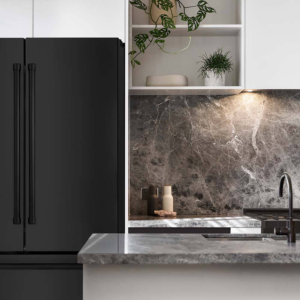 ZLINE 36 in. 22.5 cu. ft 4-Door French Door Refrigerator with Ice Maker in Fingerprint Resistant Black Stainless Steel (RFM-36-BS) - KB&A The Home Improvement Store