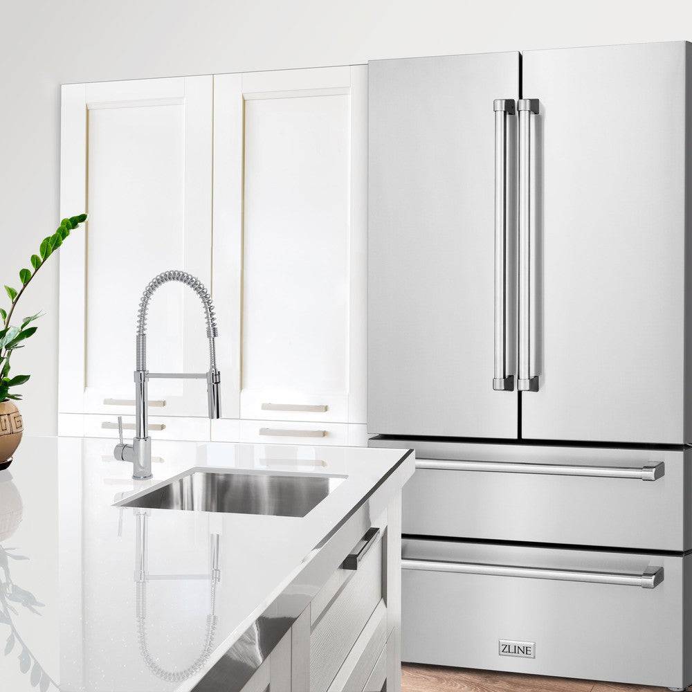 ZLINE 36 in. 22.5 cu. ft 4-Door French Door Refrigerator with Ice Maker in Fingerprint Resistant Stainless Steel (RFM-36) - KB&A The Home Improvement Store