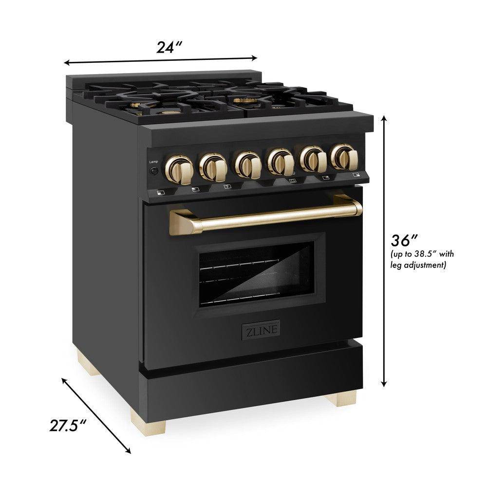 ZLINE Autograph Edition 24 in. 2.8 cu. ft. Legacy Dual Fuel Range with 4 Burner Gas Cooktop and Electric Convection Oven in Black Stainless Steel and Polished Gold Accents (RABZ-24-G) - KB&A The Home Improvement Store