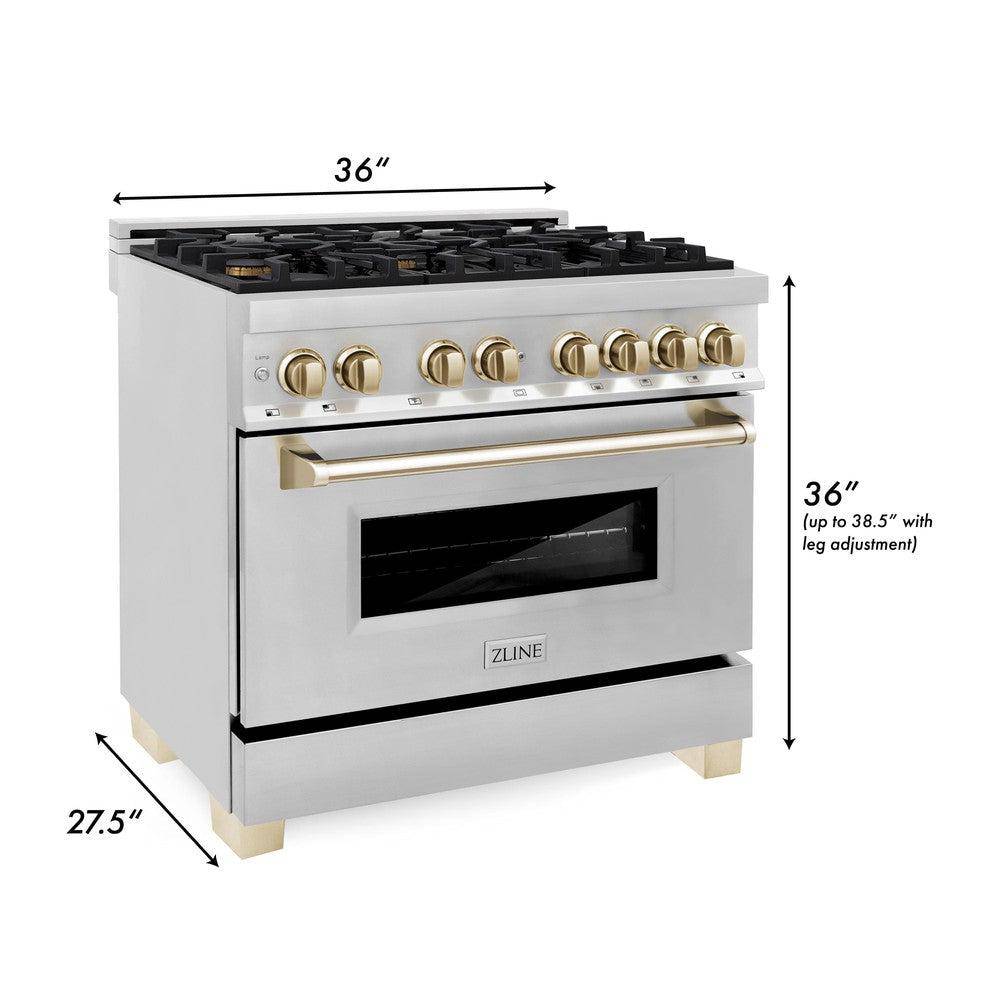ZLINE 36" Autograph Edition Kitchen Package with Stainless Steel Dual Fuel Range and Range Hood with Polished Gold Accents (2AKP-RARH36-G) - KB&A The Home Improvement Store