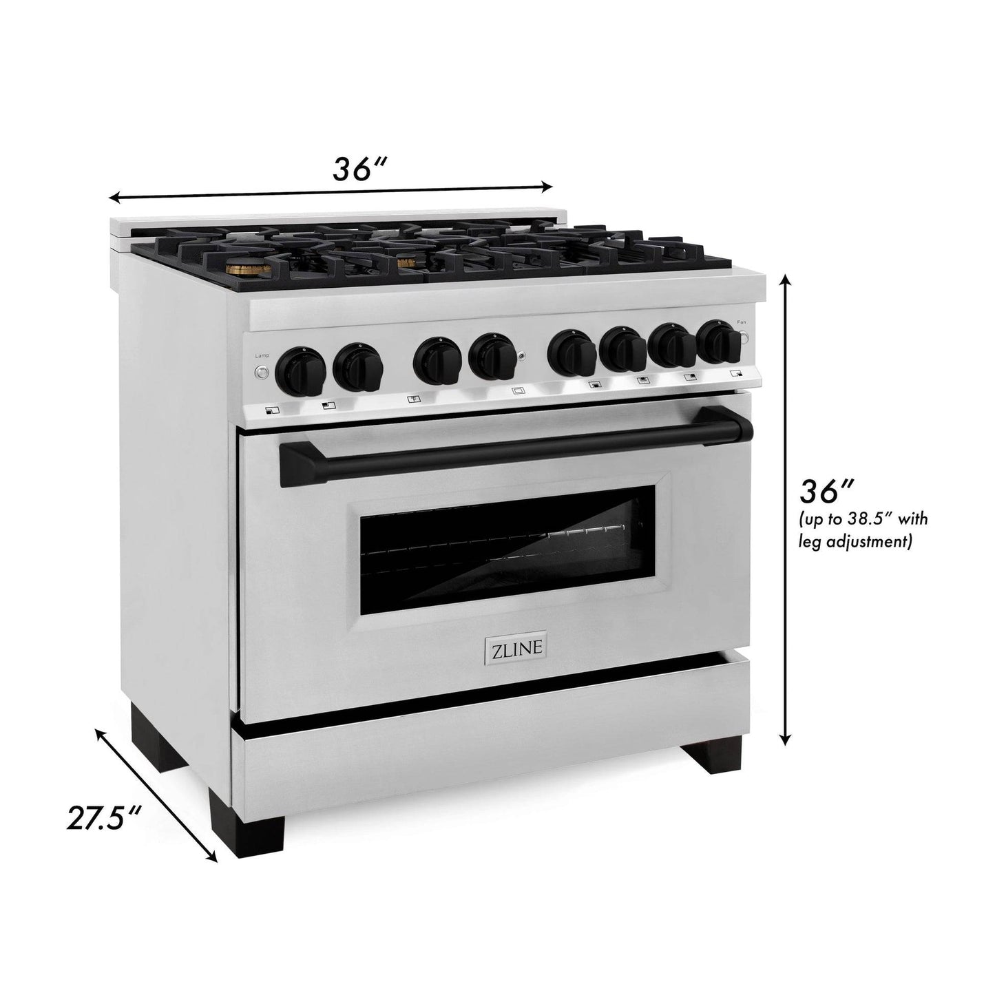 ZLINE 36" Autograph Edition Kitchen Package with Stainless Steel Dual Fuel Range and Range Hood with Matte Black Accents (2AKP-RARH36-MB) - KB&A The Home Improvement Store