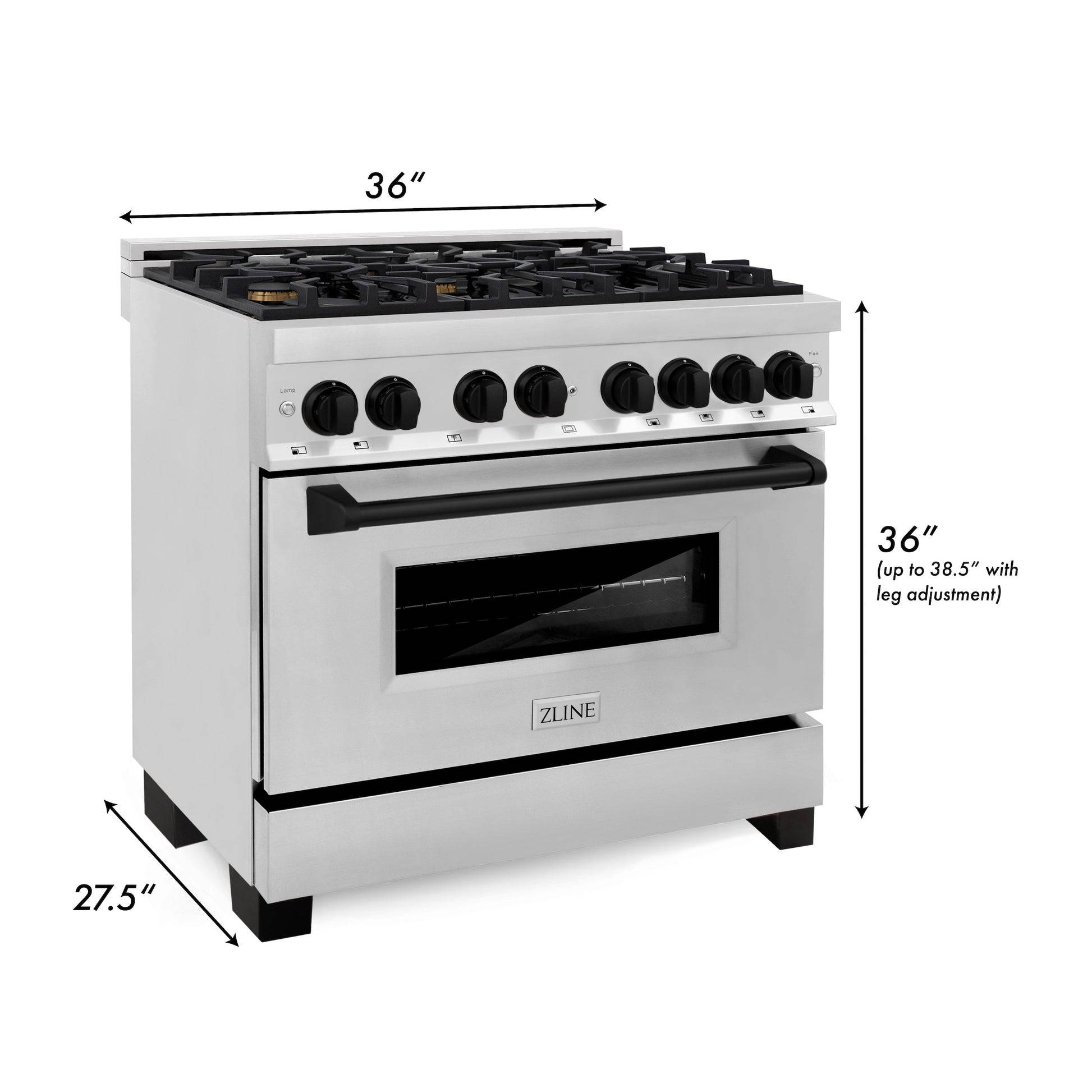 ZLINE 36" Autograph Edition Kitchen Package with Stainless Steel Dual Fuel Range and Range Hood with Matte Black Accents (2AKP-RARH36-MB) - KB&A The Home Improvement Store