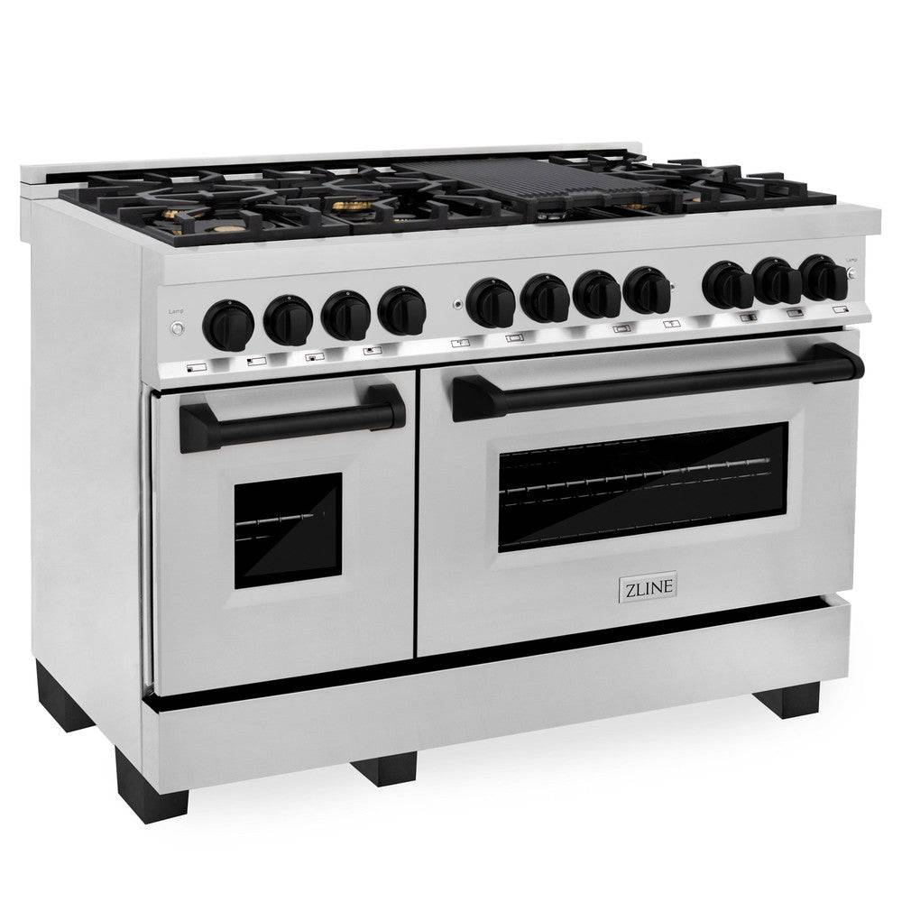 ZLINE 48" Autograph Edition Kitchen Package with Stainless Steel Dual Fuel Range and Range Hood with Matte Black Accents (2AAKP-RRH48-MB) - KB&A The Home Improvement Store