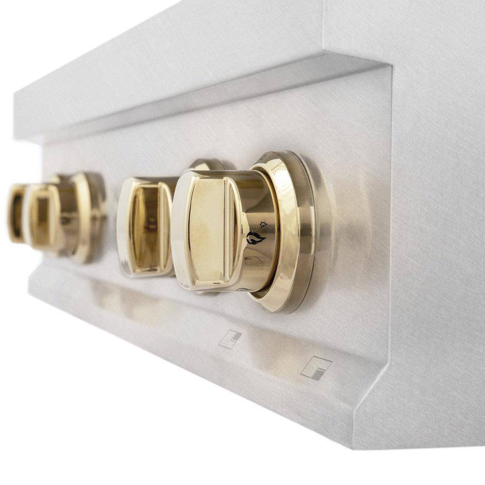 ZLINE Autograph Edition 30 in. Porcelain Rangetop with 4 Gas Burners in DuraSnow® Stainless Steel with Polished Gold Accents (RTSZ-30-G) - KB&A The Home Improvement Store