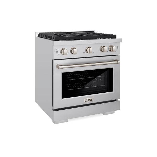 ZLINE 30 in. 4.2 cu. ft. Paramount Dual Fuel Range with Gas Cooktop and Electric Convection Oven in DuraSnow® Stainless Steel with 4 Brass Burners (SDRS-BR-30) - KB&A The Home Improvement Store