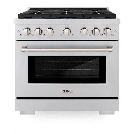 ZLINE 36 in. 5.2 cu. ft. Paramount Dual Fuel Range with Gas Cooktop and Electric Convection Oven in Stainless Steel with 6 Brass Burners (SDR-BR-36) - KB&A The Home Improvement Store