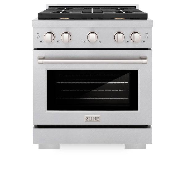 ZLINE 30 in. 4.2 cu. ft. Paramount Dual Fuel Range with Gas Cooktop and Electric Convection Oven in DuraSnow® Stainless Steel with 4 Brass Burners (SDRS-BR-30) - KB&A The Home Improvement Store