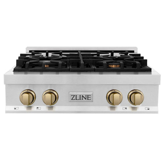 ZLINE Autograph Edition 30 in. Porcelain Rangetop with 4 Gas Burners in Stainless Steel and Champagne Bronze Accents (RTZ-30-CB) - KB&A The Home Improvement Store