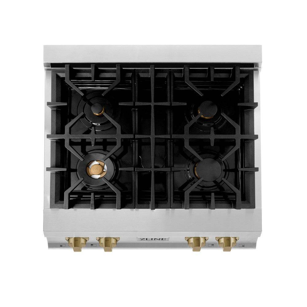 ZLINE Autograph Edition 30 in. Porcelain Rangetop with 4 Gas Burners in Stainless Steel and Champagne Bronze Accents (RTZ-30-CB) - KB&A The Home Improvement Store
