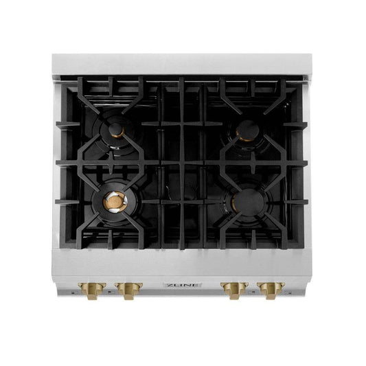 ZLINE Autograph Edition 30 in. Porcelain Rangetop with 4 Gas Burners in Stainless Steel and Champagne Bronze Accents (RTZ-30-CB) - KB&A The Home Improvement Store