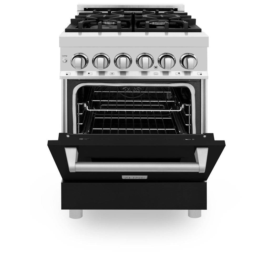 ZLINE 24 in. 2.8 cu. ft. Legacy Dual Fuel Range with 4 Burner Gas Cooktop and Electric Convection Oven in Stainless Steel and Black Matte Door (RA-BLM-24) - KB&A The Home Improvement Store