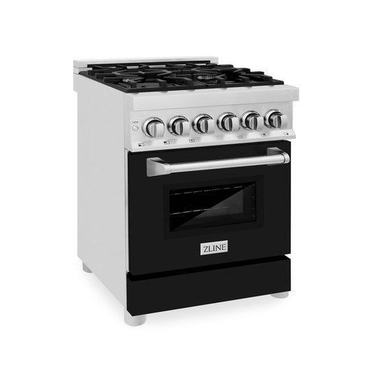 ZLINE 24 in. 2.8 cu. ft. Legacy Dual Fuel Range with 4 Burner Gas Cooktop and Electric Convection Oven in Stainless Steel and Black Matte Door (RA-BLM-24) - KB&A The Home Improvement Store