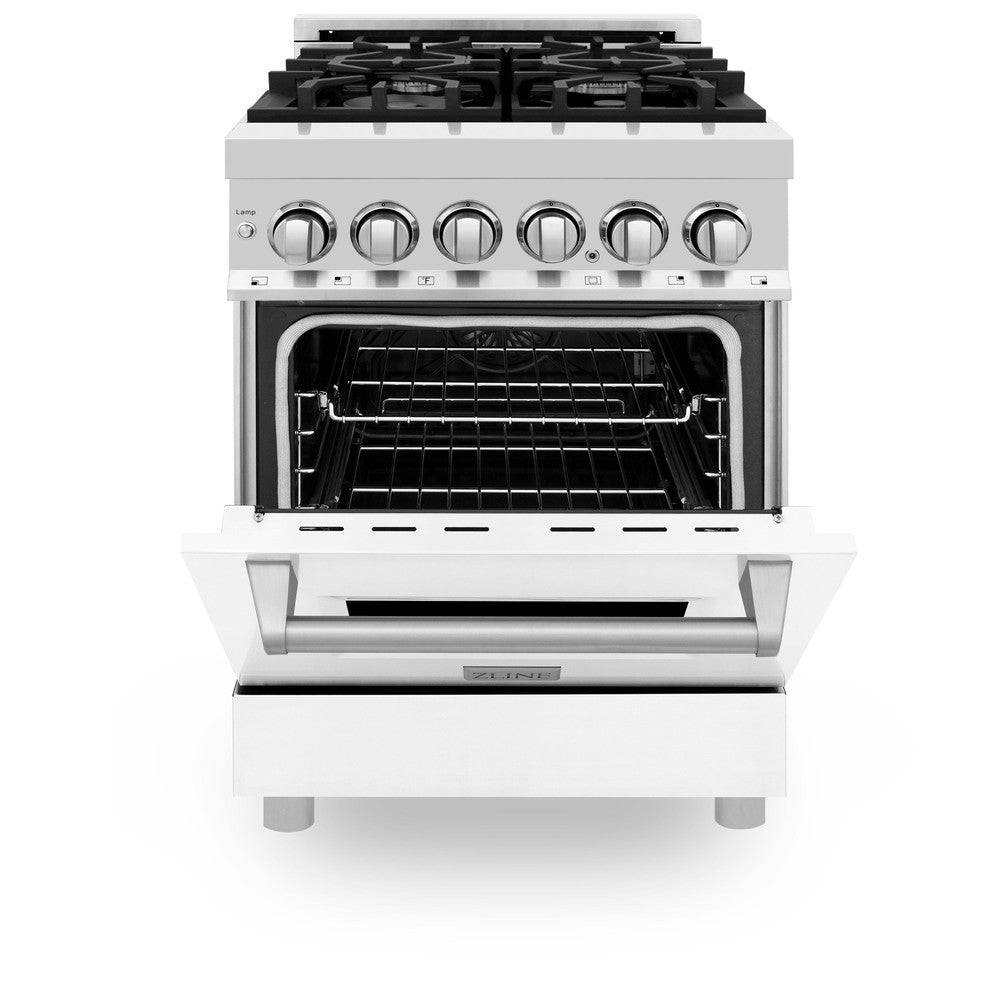 ZLINE 24 in. 2.8 cu. ft. Legacy Dual Fuel Range with 4 Burner Gas Cooktop and Electric Convection Oven in Stainless Steel and White Matte Door (RA-WM-24) - KB&A The Home Improvement Store