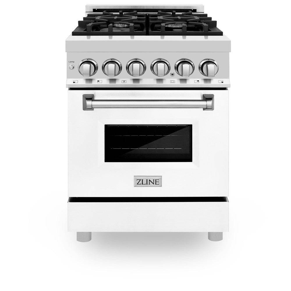 ZLINE 24 in. 2.8 cu. ft. Legacy Dual Fuel Range with 4 Burner Gas Cooktop and Electric Convection Oven in Stainless Steel and White Matte Door (RA-WM-24) - KB&A The Home Improvement Store