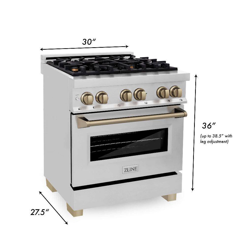 ZLINE Autograph Edition 30 in. Kitchen Package with Stainless Steel Dual Fuel Range, Range Hood, Dishwasher and Refrigerator with Champagne Bronze Accents (4KAPR-RARHDWM30-CB) - KB&A The Home Improvement Store