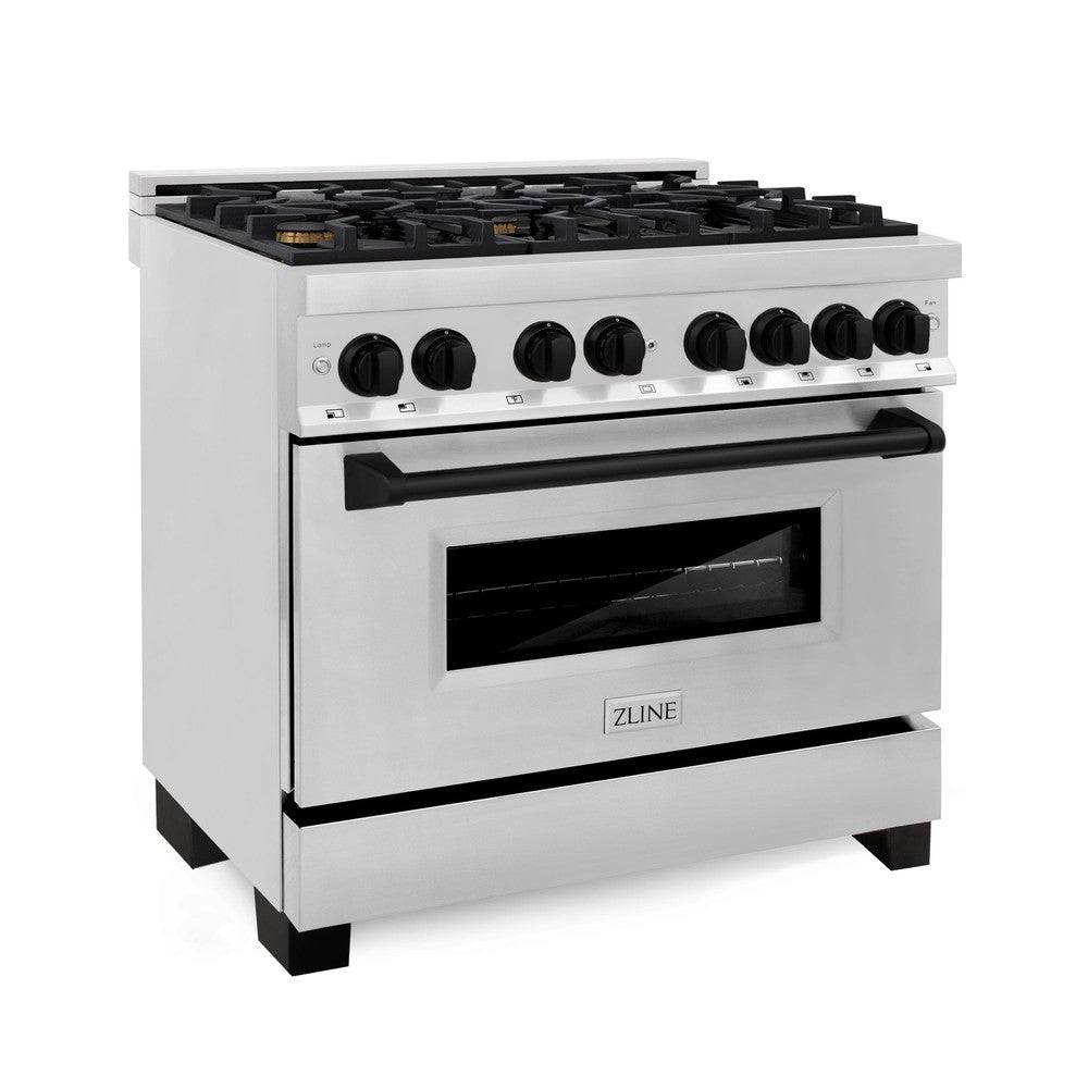 ZLINE 36" Autograph Edition Kitchen Package with Stainless Steel Dual Fuel Range and Range Hood with Matte Black Accents (2AKP-RARH36-MB) - KB&A The Home Improvement Store