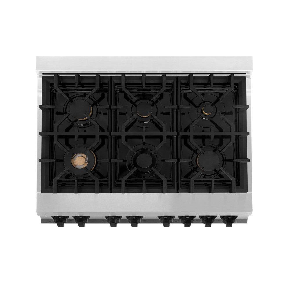 ZLINE 36" Autograph Edition Kitchen Package with Stainless Steel Dual Fuel Range and Range Hood with Matte Black Accents (2AKP-RARH36-MB) - KB&A The Home Improvement Store