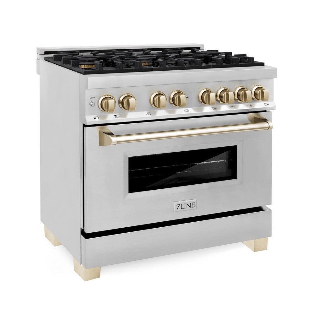 ZLINE 36" Autograph Edition Kitchen Package with Stainless Steel Dual Fuel Range and Range Hood with Polished Gold Accents (2AKP-RARH36-G) - KB&A The Home Improvement Store