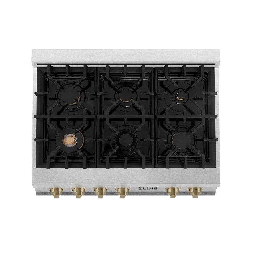 ZLINE Autograph Edition 36" Porcelain Rangetop with 6 Gas Burners in Fingerprint Resistant Stainless Steel and Champagne Bronze Accents (RTSZ-36-CB) - KB&A The Home Improvement Store