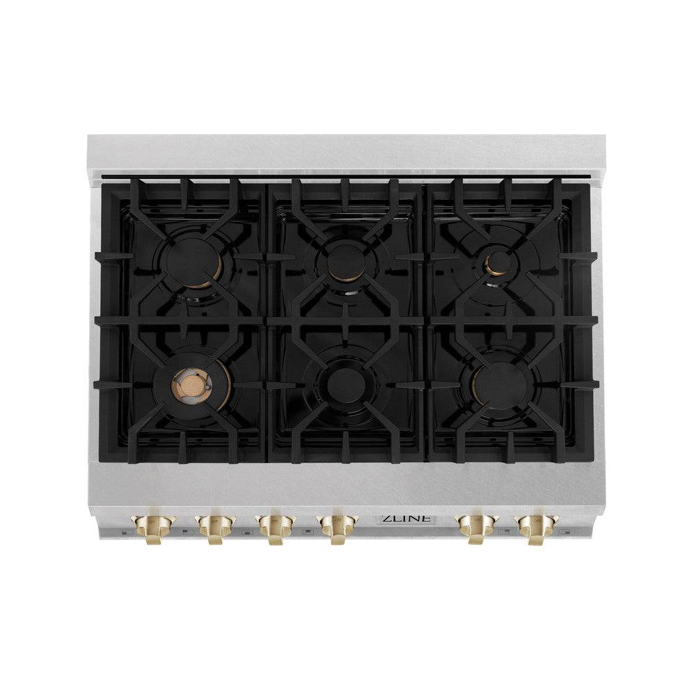 ZLINE Autograph Edition 36" Porcelain Rangetop with 6 Gas Burners in Fingerprint Resistant Stainless Steel and Polished Gold Accents (RTSZ-36-G) - KB&A The Home Improvement Store