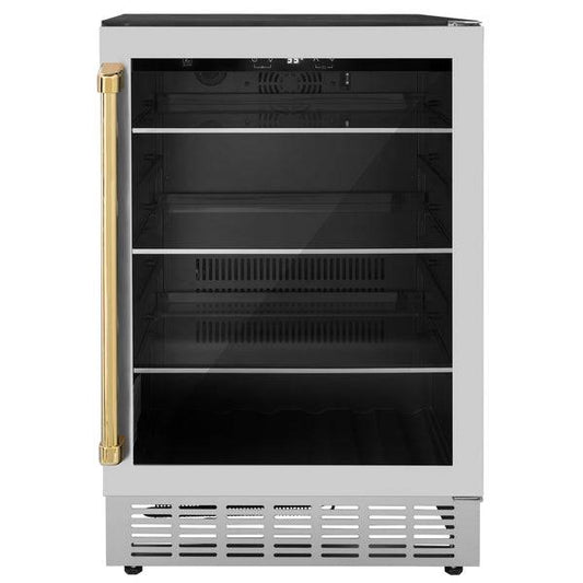 ZLINE 24" Autograph Edition 154 Can Beverage Cooler Fridge with Adjustable Shelves in Stainless Steel with Polished Gold Accents (RBVZ-US-24-G) - KB&A The Home Improvement Store