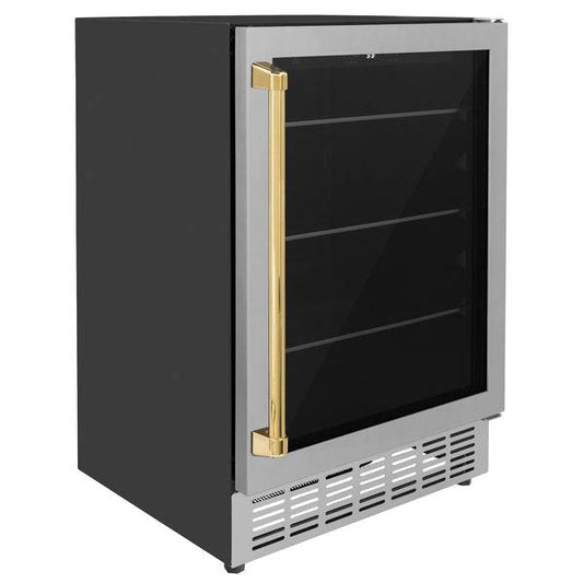 ZLINE 24" Autograph Edition 154 Can Beverage Cooler Fridge with Adjustable Shelves in Stainless Steel with Polished Gold Accents (RBVZ-US-24-G) - KB&A The Home Improvement Store