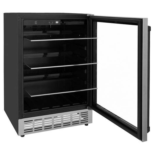 ZLINE 24" Autograph Edition 154 Can Beverage Cooler Fridge with Adjustable Shelves in Stainless Steel with Matte Black Accents (RBVZ-US-24-MB) - KB&A The Home Improvement Store