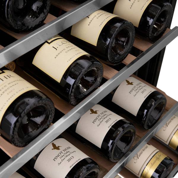 ZLINE 24" Autograph Edition Dual Zone 44-Bottle Wine Cooler in Stainless Steel with Wood Shelf and Champagne Bronze Accents (RWVZ-UD-24-CB) - KB&A The Home Improvement Store