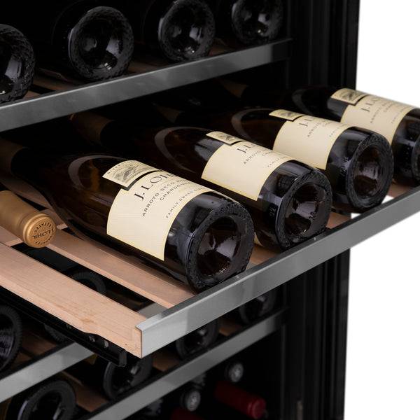 ZLINE 24" Autograph Edition Dual Zone 44-Bottle Wine Cooler in Stainless Steel with Wood Shelf and Champagne Bronze Accents (RWVZ-UD-24-CB) - KB&A The Home Improvement Store