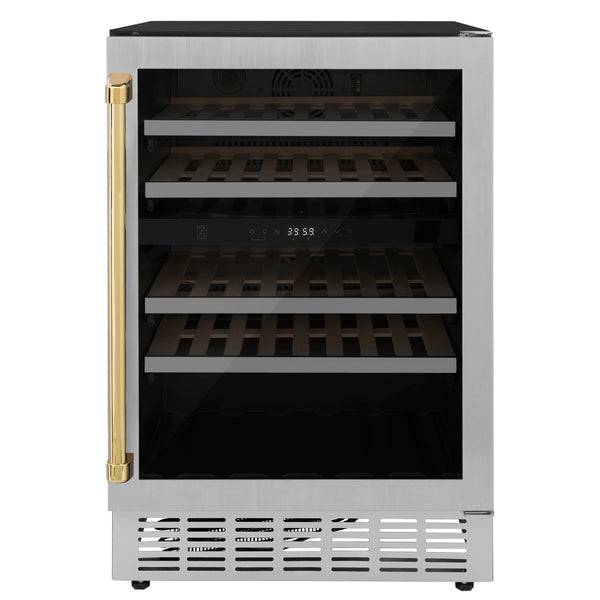ZLINE 24" Autograph Edition Dual Zone 44-Bottle Wine Cooler in Stainless Steel with Wood Shelf and Polished Gold Accents (RWVZ-UD-24-G) - KB&A The Home Improvement Store