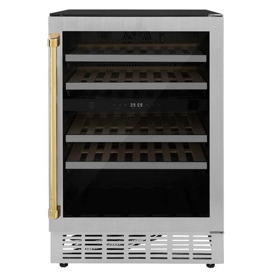 ZLINE 24" Autograph Edition Dual Zone 44-Bottle Wine Cooler in Stainless Steel with Wood Shelf and Polished Gold Accents (RWVZ-UD-24-G) - KB&A The Home Improvement Store
