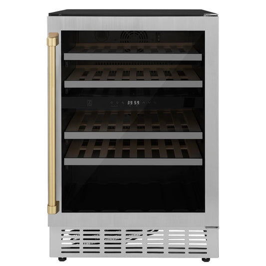 ZLINE 24" Autograph Edition Dual Zone 44-Bottle Wine Cooler in Stainless Steel with Wood Shelf and Champagne Bronze Accents (RWVZ-UD-24-CB) - KB&A The Home Improvement Store
