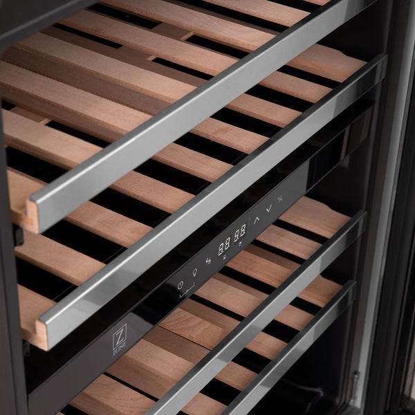 ZLINE 24" Autograph Edition Dual Zone 44-Bottle Wine Cooler in Stainless Steel with Wood Shelf and Champagne Bronze Accents (RWVZ-UD-24-CB) - KB&A The Home Improvement Store
