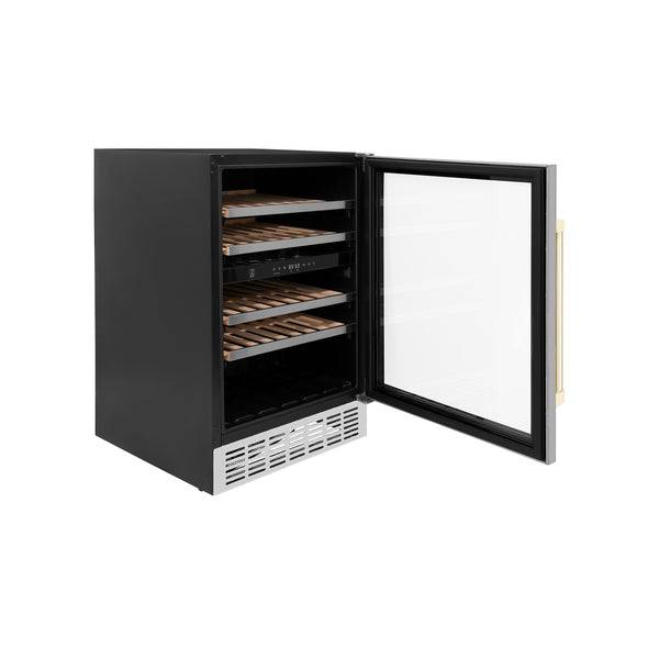 ZLINE 24" Autograph Edition Dual Zone 44-Bottle Wine Cooler in Stainless Steel with Wood Shelf and Polished Gold Accents (RWVZ-UD-24-G) - KB&A The Home Improvement Store