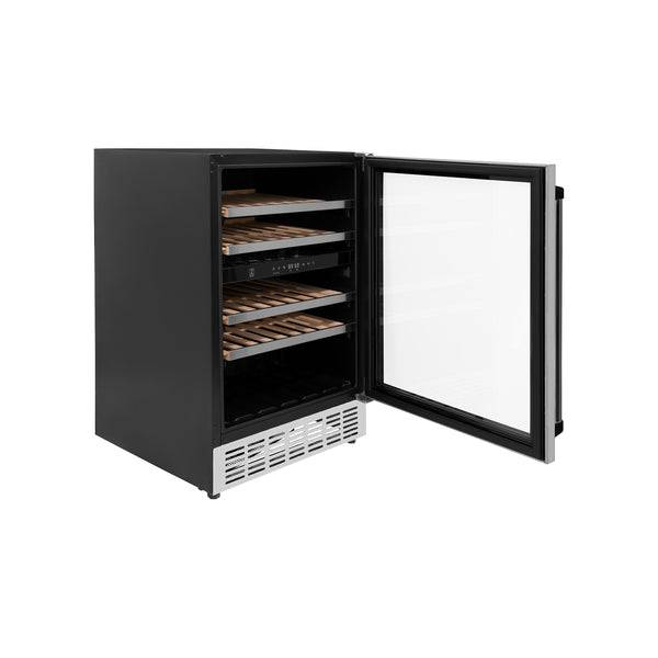 ZLINE 24" Autograph Edition Dual Zone 44-Bottle Wine Cooler in Stainless Steel with Wood Shelf and Matte Black Accents (RWVZ-UD-24-MB) - KB&A The Home Improvement Store