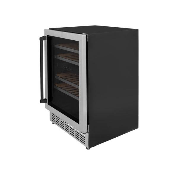 ZLINE 24" Autograph Edition Dual Zone 44-Bottle Wine Cooler in Stainless Steel with Wood Shelf and Matte Black Accents (RWVZ-UD-24-MB) - KB&A The Home Improvement Store