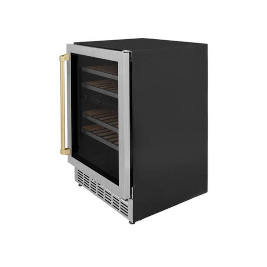 ZLINE 24" Autograph Edition Dual Zone 44-Bottle Wine Cooler in Stainless Steel with Wood Shelf and Champagne Bronze Accents (RWVZ-UD-24-CB) - KB&A The Home Improvement Store