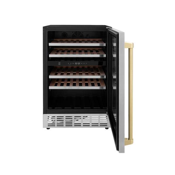 ZLINE 24" Autograph Edition Dual Zone 44-Bottle Wine Cooler in Stainless Steel with Wood Shelf and Champagne Bronze Accents (RWVZ-UD-24-CB) - KB&A The Home Improvement Store
