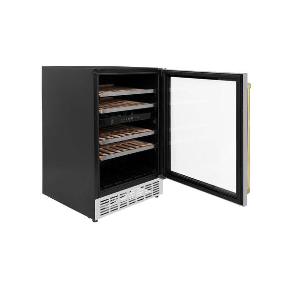 ZLINE 24" Autograph Edition Dual Zone 44-Bottle Wine Cooler in Stainless Steel with Wood Shelf and Polished Gold Accents (RWVZ-UD-24-G) - KB&A The Home Improvement Store