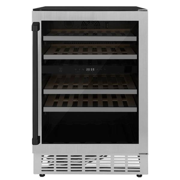 ZLINE 24" Autograph Edition Dual Zone 44-Bottle Wine Cooler in Stainless Steel with Wood Shelf and Matte Black Accents (RWVZ-UD-24-MB) - KB&A The Home Improvement Store
