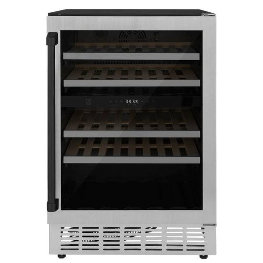 ZLINE 24" Autograph Edition Dual Zone 44-Bottle Wine Cooler in Stainless Steel with Wood Shelf and Matte Black Accents (RWVZ-UD-24-MB) - KB&A The Home Improvement Store