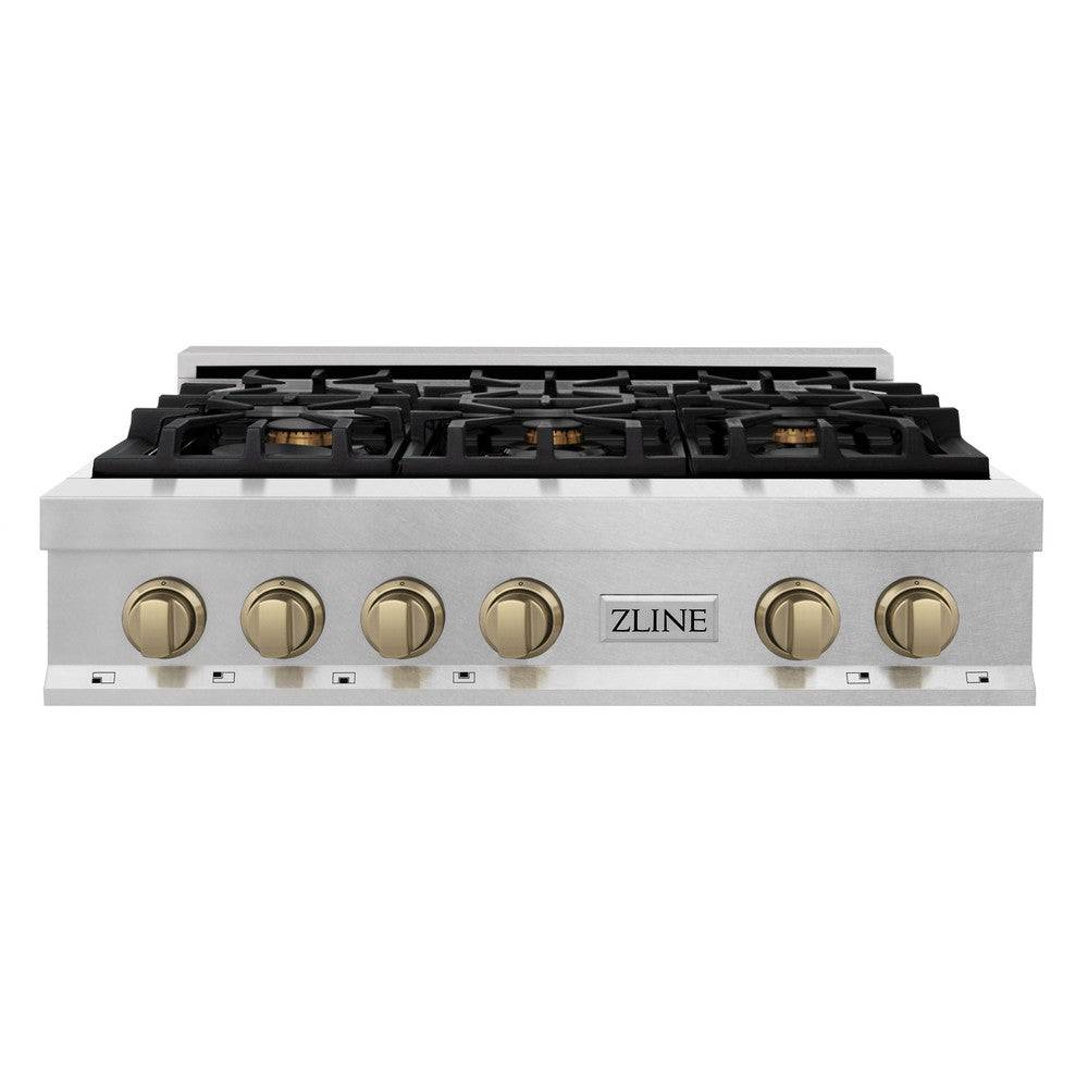 ZLINE Autograph Edition 36" Porcelain Rangetop with 6 Gas Burners in Fingerprint Resistant Stainless Steel and Champagne Bronze Accents (RTSZ-36-CB) - KB&A The Home Improvement Store
