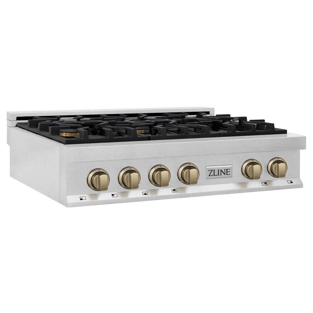 ZLINE Autograph Edition 36" Porcelain Rangetop with 6 Gas Burners in Fingerprint Resistant Stainless Steel and Champagne Bronze Accents (RTSZ-36-CB) - KB&A The Home Improvement Store