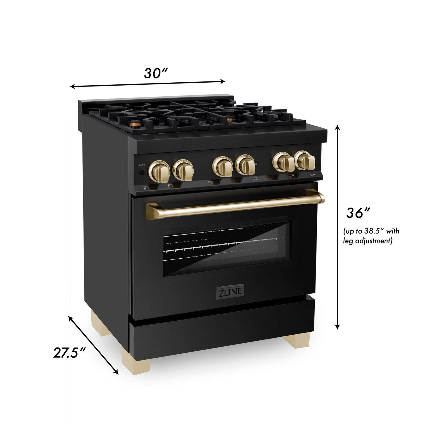 ZLINE 30" Autograph Edition Kitchen Package with Black Stainless Steel Dual Fuel Range and Range Hood with Polished Gold Accents (2AKP-RABRH30-G) - KB&A The Home Improvement Store