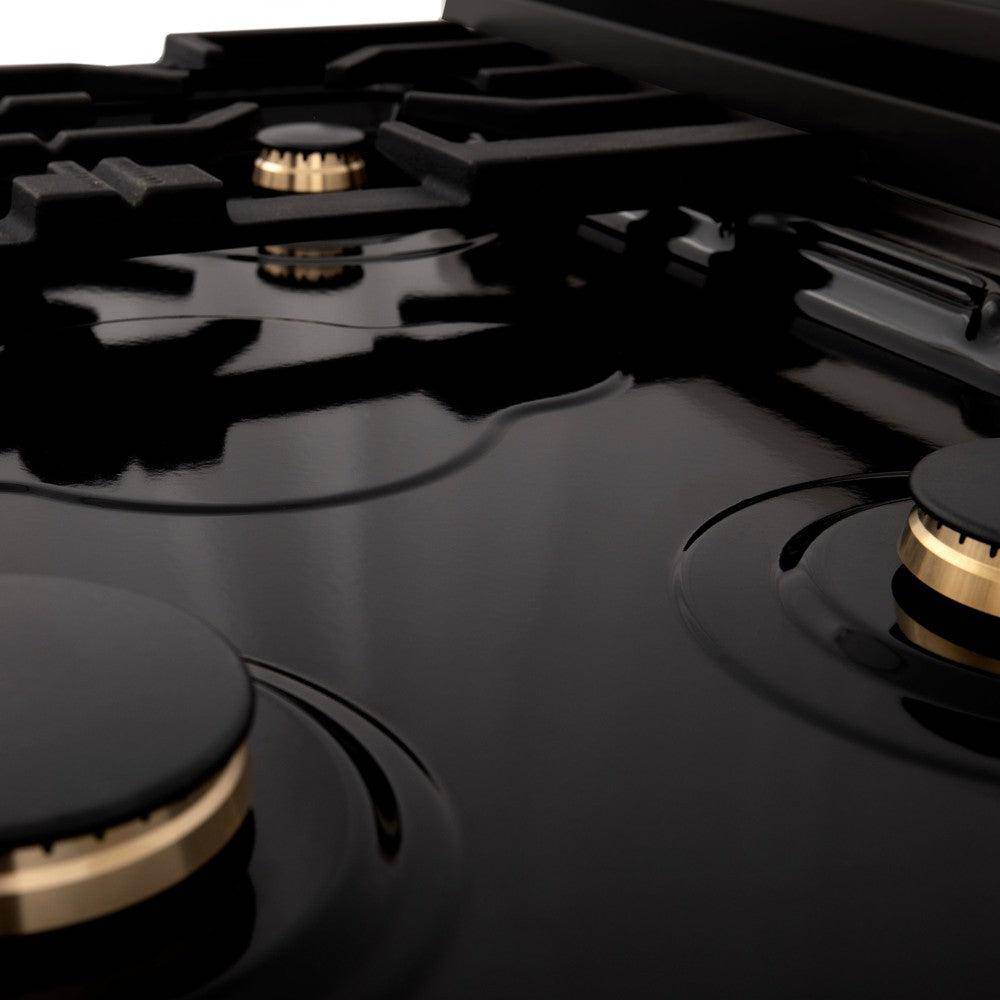 ZLINE Autograph Edition 30 in. Porcelain Rangetop with 4 Gas Burners in Black Stainless Steel and Polished Gold Accents (RTBZ-30-G) - KB&A The Home Improvement Store