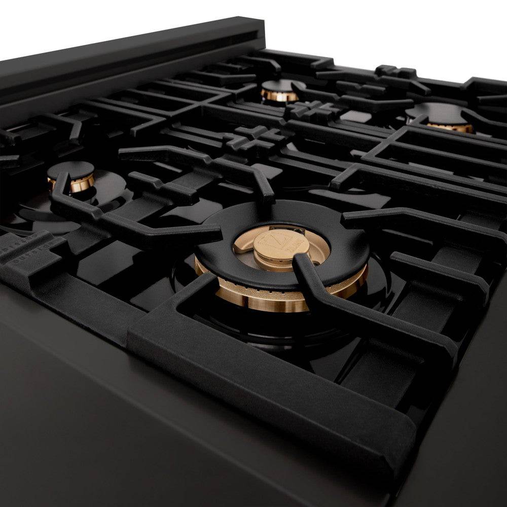 ZLINE Autograph Edition 30 in. Porcelain Rangetop with 4 Gas Burners in Black Stainless Steel and Polished Gold Accents (RTBZ-30-G) - KB&A The Home Improvement Store