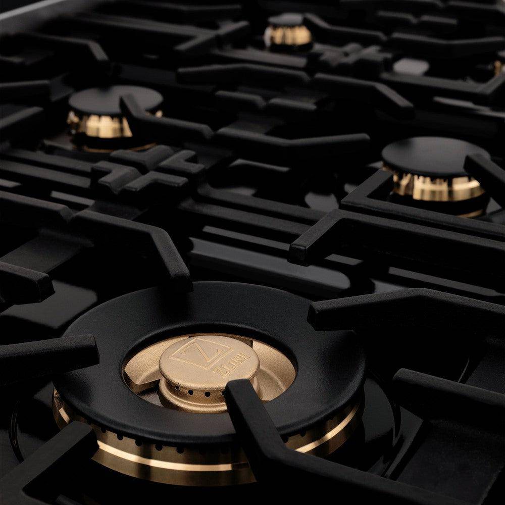 ZLINE Autograph Edition 36" Porcelain Rangetop with 6 Gas Burners in Fingerprint Resistant Stainless Steel and Polished Gold Accents (RTSZ-36-G) - KB&A The Home Improvement Store
