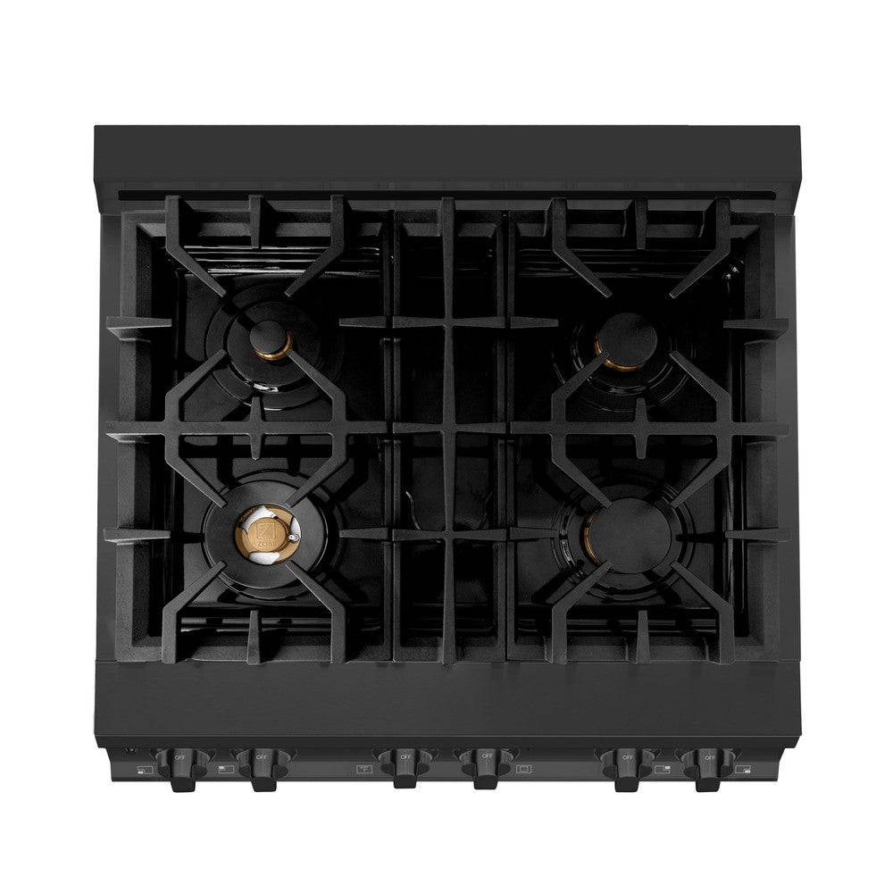 ZLINE 30 in. 4.0 cu. ft. Legacy Dual Fuel Range with Gas Cooktop and Electric Convection Oven in Black Stainless Steel with 4 Brass Burners (RAB-BR-30) - KB&A The Home Improvement Store