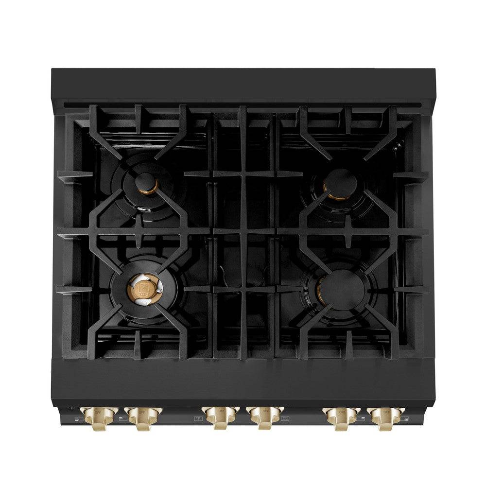 ZLINE 30" Autograph Edition Kitchen Package with Black Stainless Steel Dual Fuel Range and Range Hood with Polished Gold Accents (2AKP-RABRH30-G) - KB&A The Home Improvement Store
